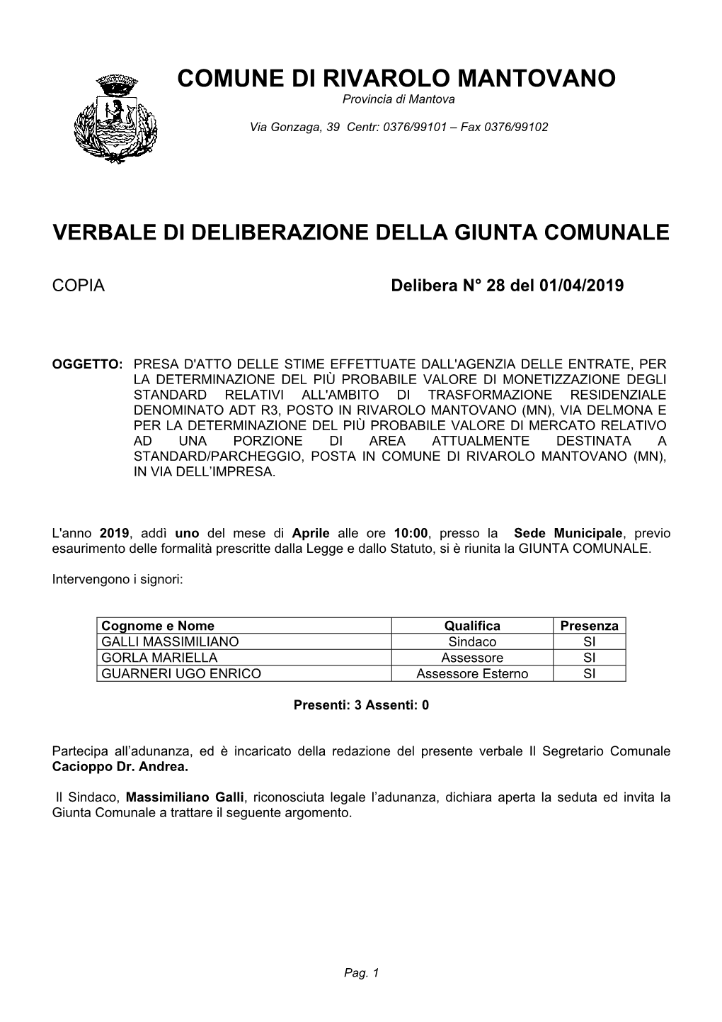 Verbale Di Deliberazione Della Giunta Comunale