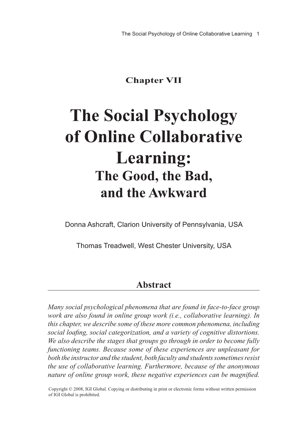 The Social Psychology of Online Collaborative Learning: the Good, the Bad, and the Awkward