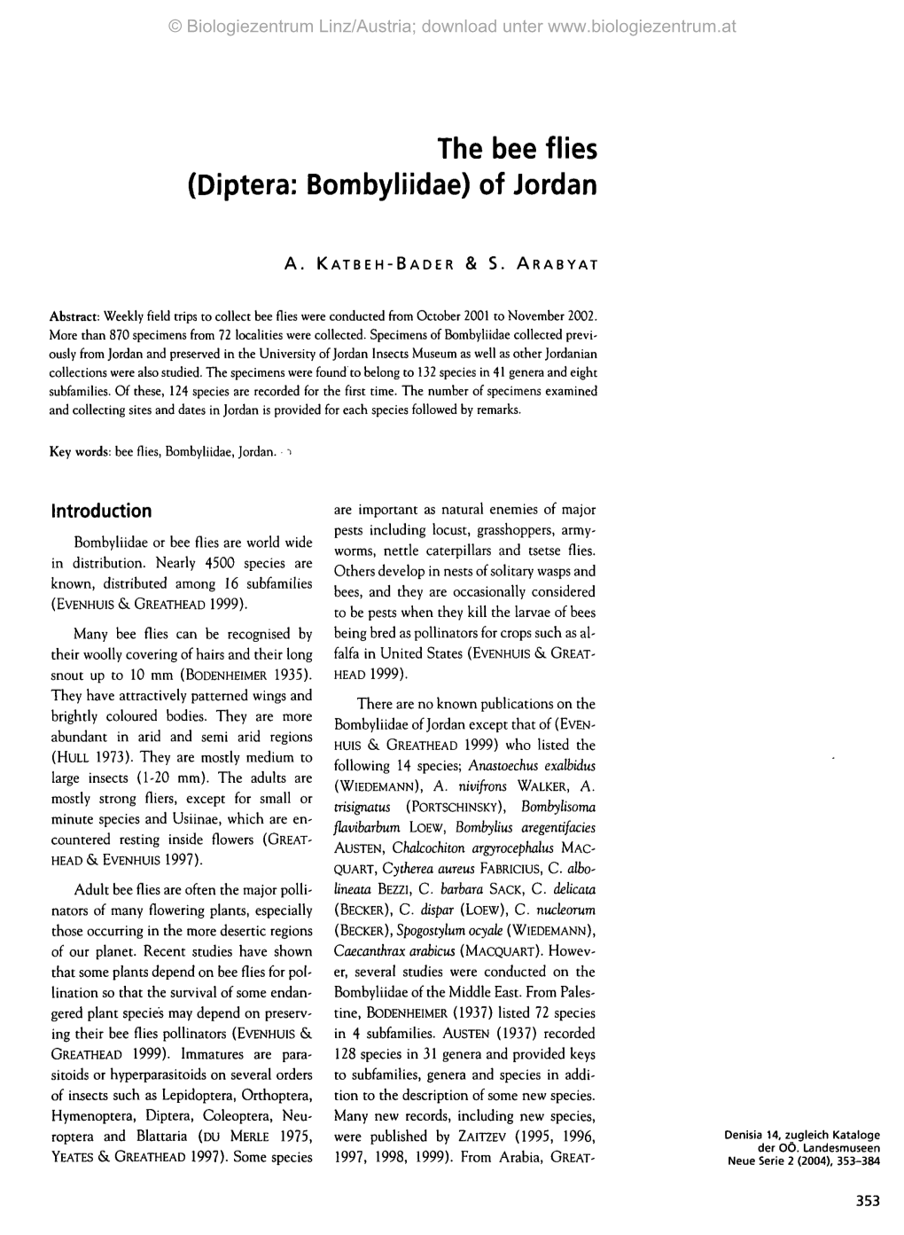 The Bee Flies (Diptera: Bombyliidae) of Jordan