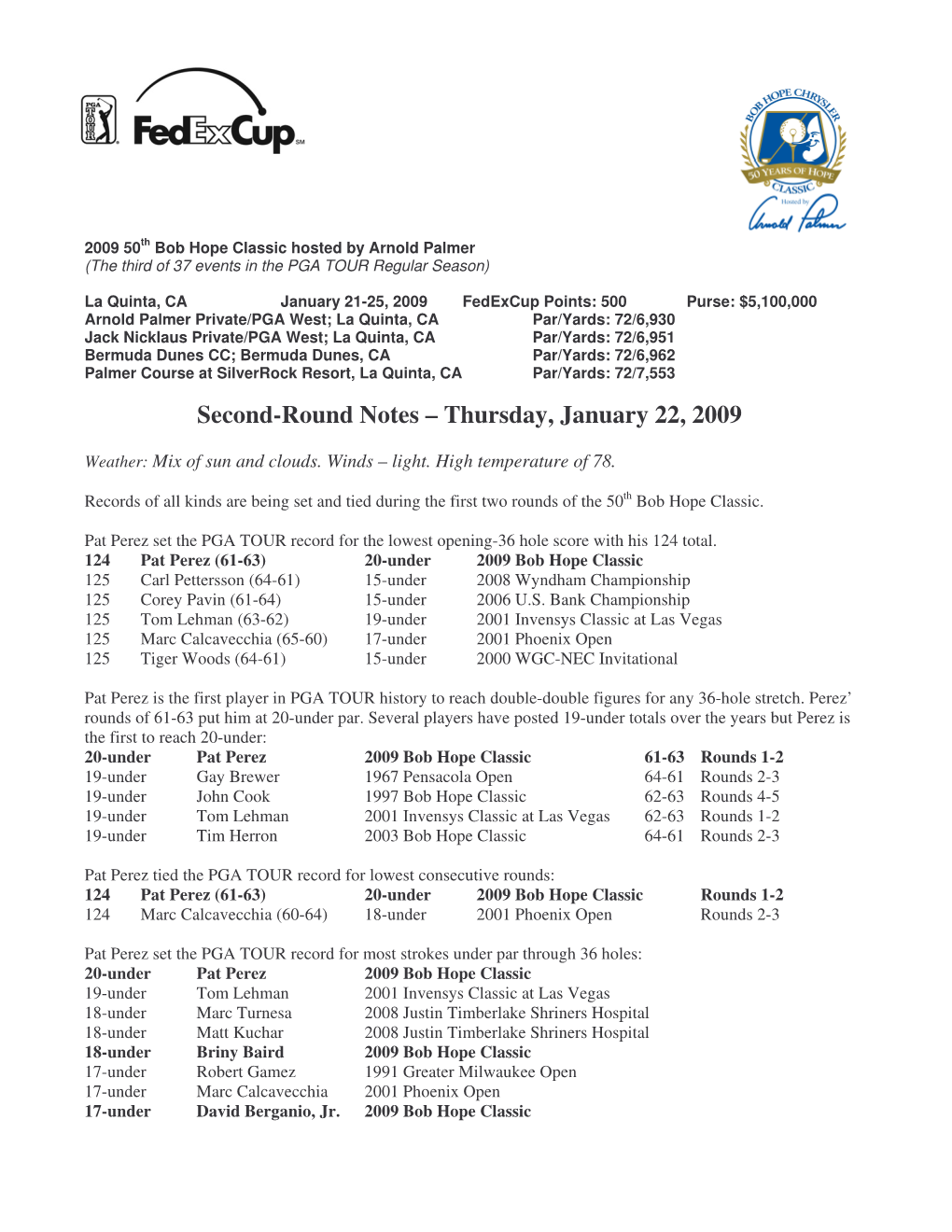 2009 50Th Bob Hope Classic Hosted by Arnold Palmer Round 2 Notes