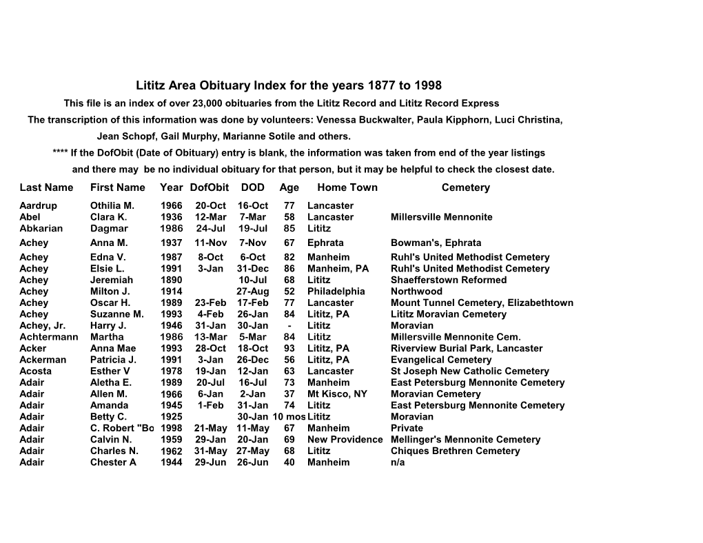 Lititz Area Obituary Index for the Years 1877 to 1998