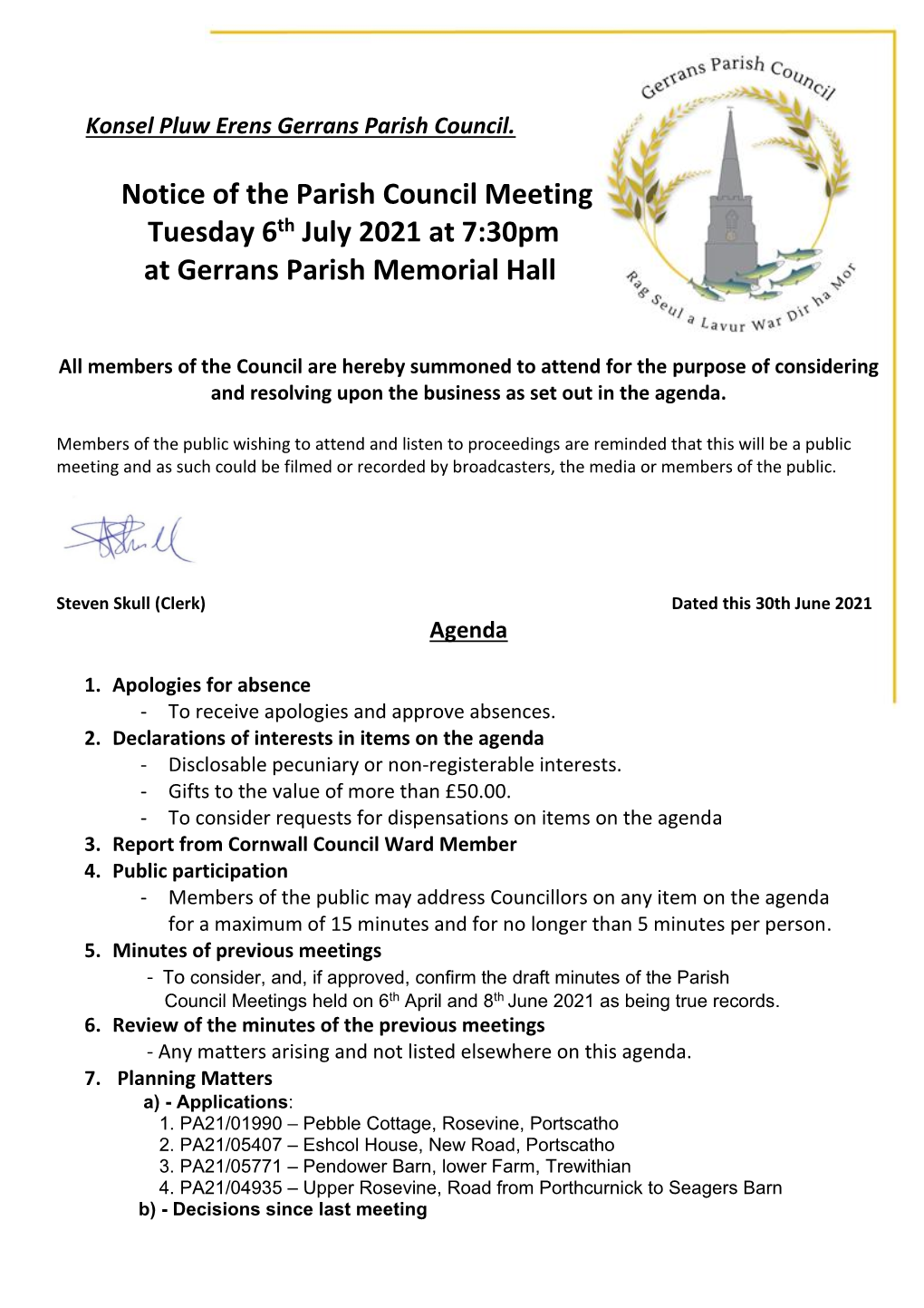 Notice of the Parish Council Meeting Tuesday 6Th July 2021 at 7:30Pm at Gerrans Parish Memorial Hall