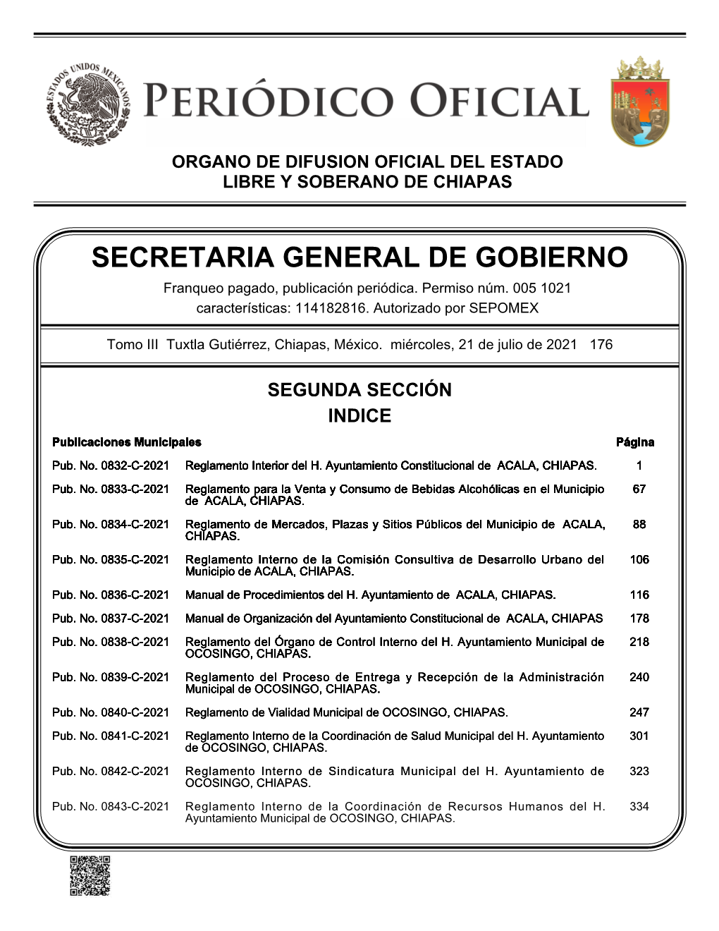 SECRETARIA GENERAL DE GOBIERNO Franqueo Pagado, Publicación Periódica