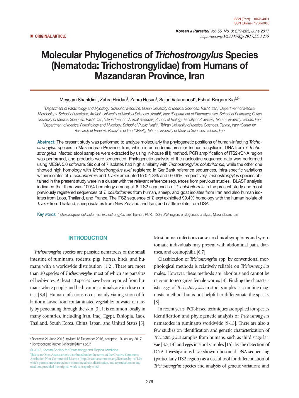 Molecular Phylogenetics of Trichostrongylus Species (Nematoda: Trichostrongylidae) from Humans of Mazandaran Province, Iran