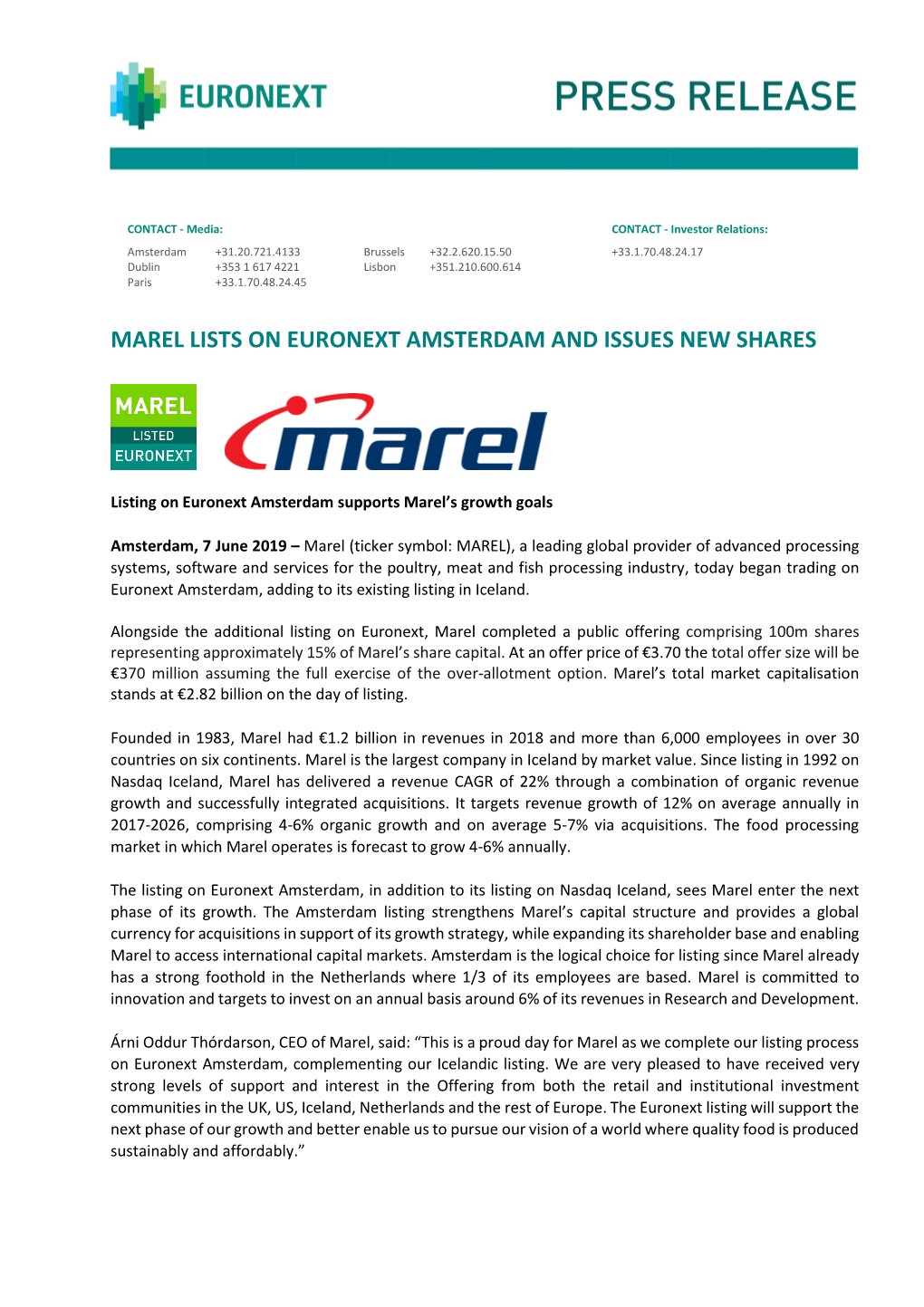 Marel Lists on Euronext Amsterdam and Issues New Shares