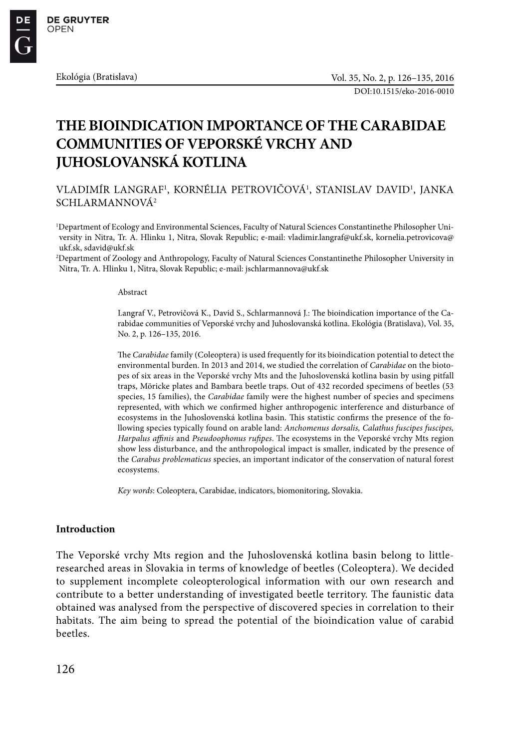 The Bioindication Importance of the Carabidae Communities of Veporské Vrchy and Juhoslovanská Kotlina