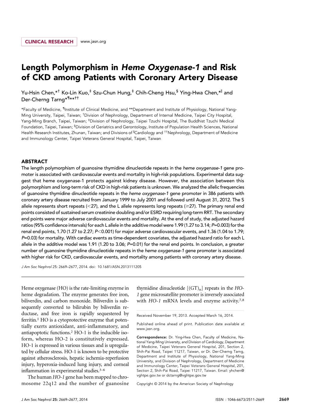 Length Polymorphism in Heme Oxygenase-1 and Risk of CKD Among Patients with Coronary Artery Disease