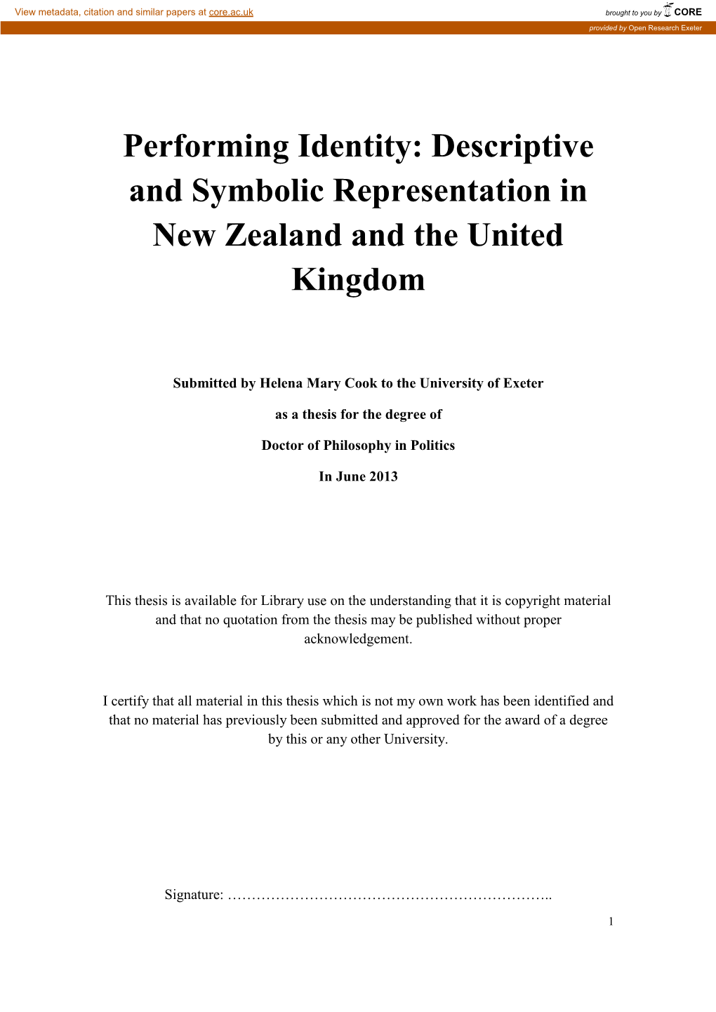 Performing Identity: Descriptive and Symbolic Representation in New Zealand and the United Kingdom