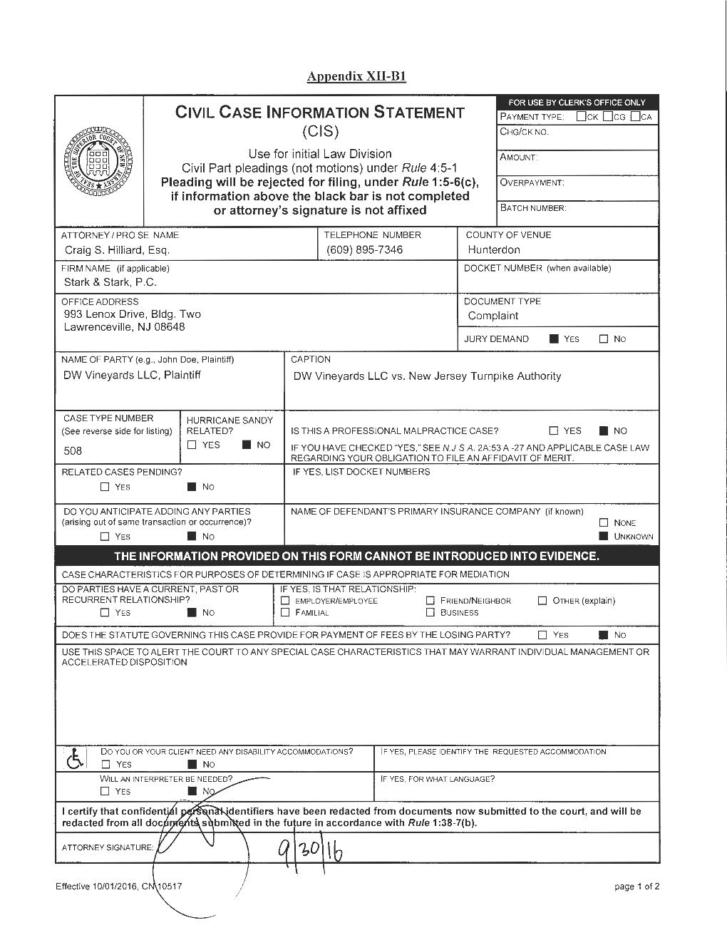 CIVIL CASE INFORMATION STATEMENT (CIS) D No