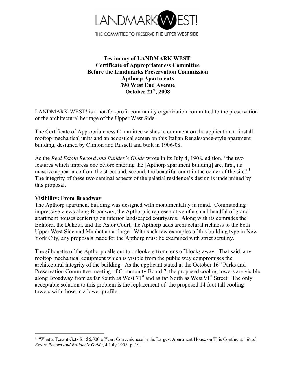 Testimony of LANDMARK WEST! Certificate of Appropriateness Committee Before the Landmarks Preservation Commission Apthorp Apartm