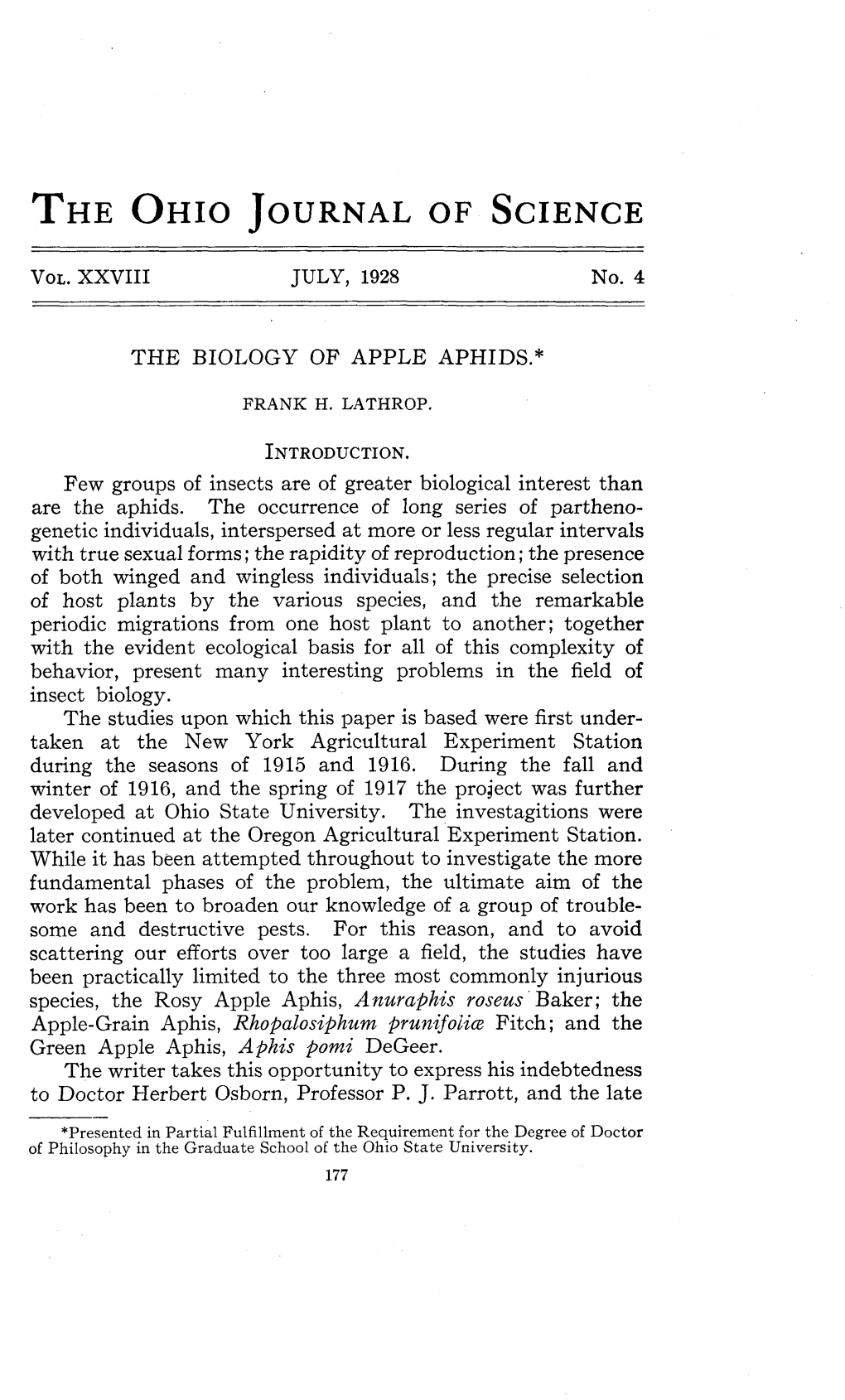 The Biology of Apple Aphids.*
