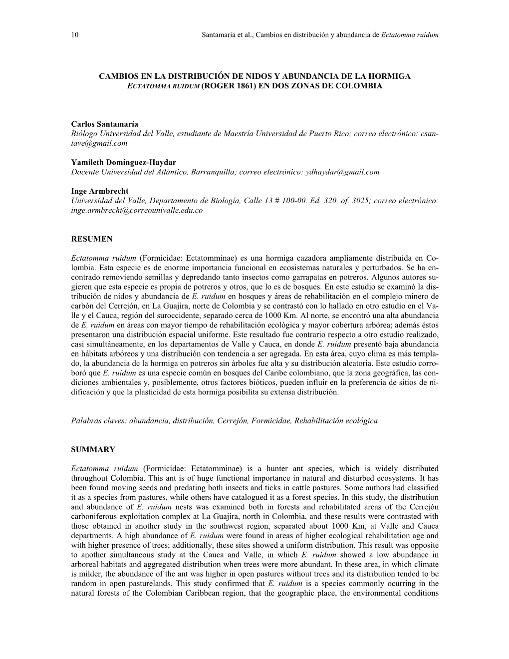 10 Santamaria Et Al., Cambios En Distribución Y Abundancia De Ectatomma Ruidum