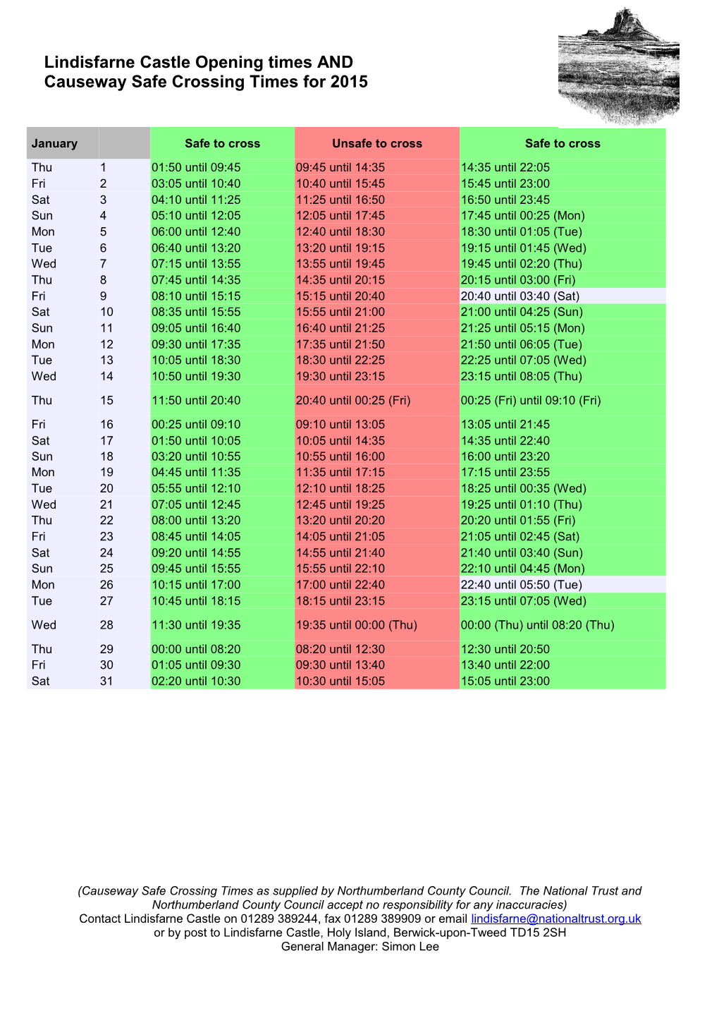 Causeway Safe Crossing Times for 2015