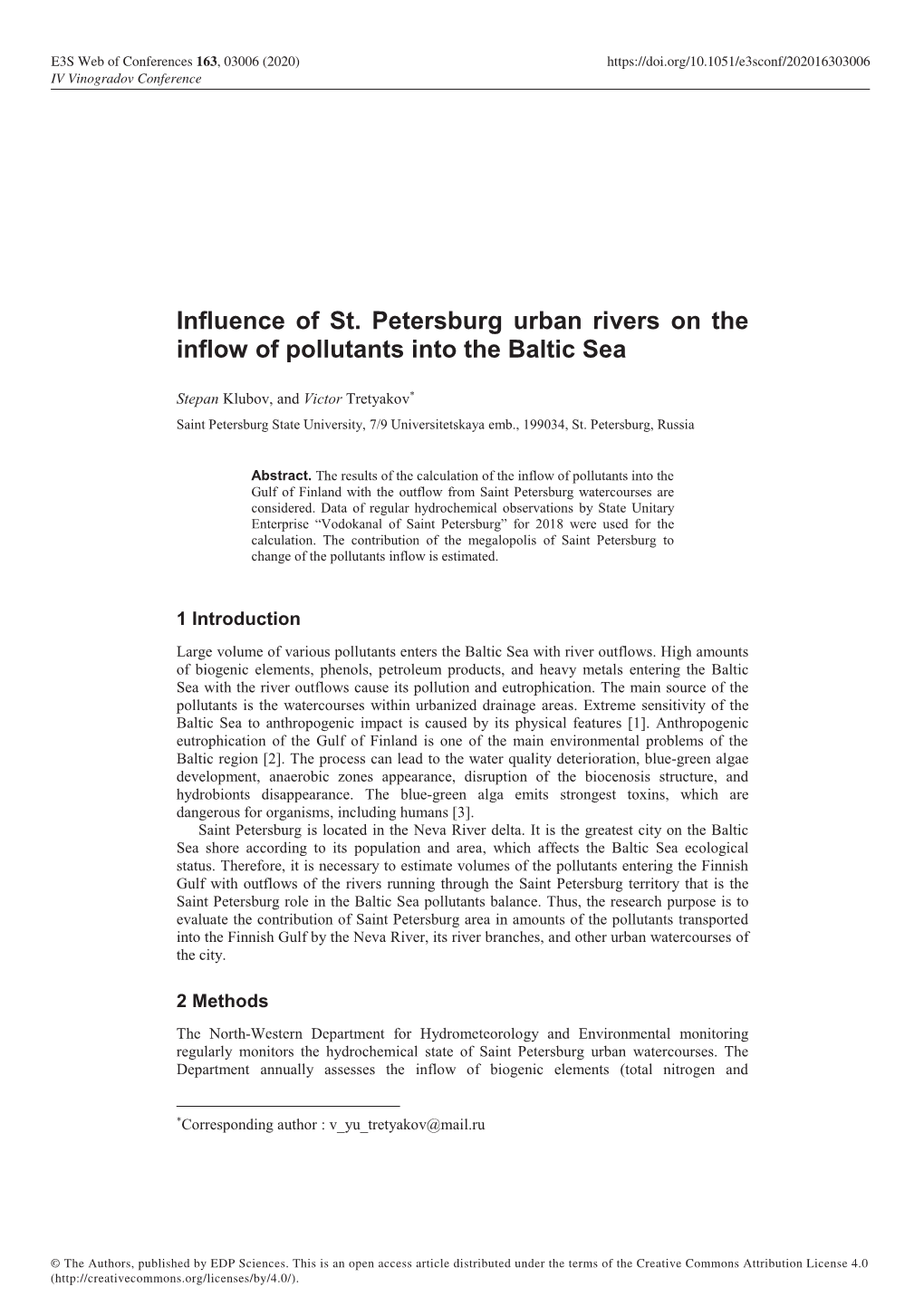 Influence of St. Petersburg Urban Rivers on the Inflow of Pollutants Into the Baltic Sea