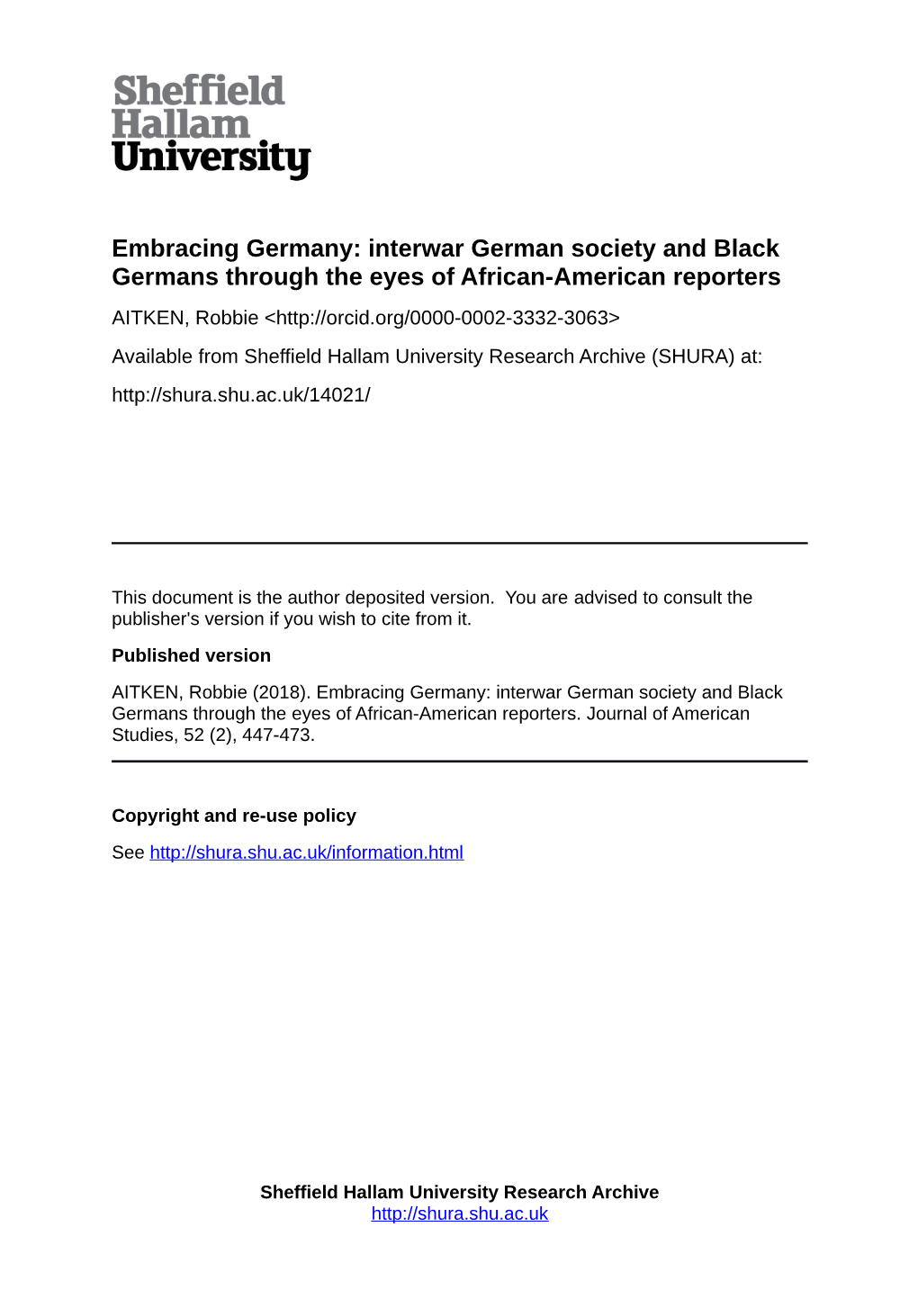 Embracing Germany: Interwar German Society and Black Germans