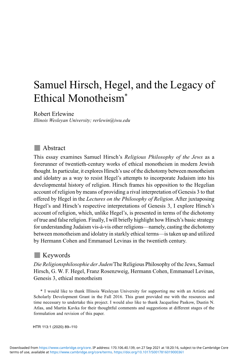 Samuel Hirsch, Hegel, and the Legacy of Ethical Monotheism*