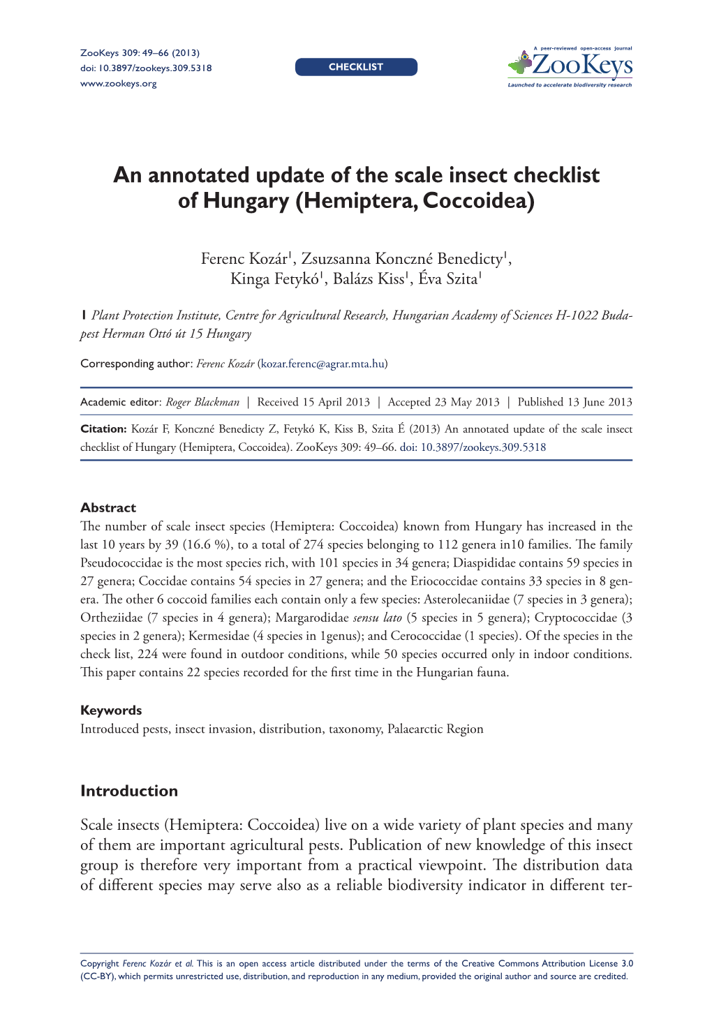 An Annotated Update of the Scale Insect Checklist of Hungary (Hemiptera, Coccoidea)