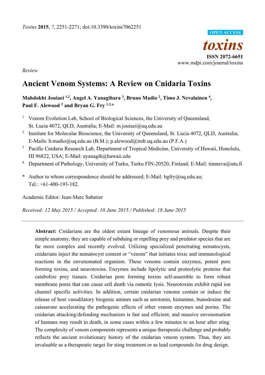 Ancient Venom Systems: a Review on Cnidaria Toxins