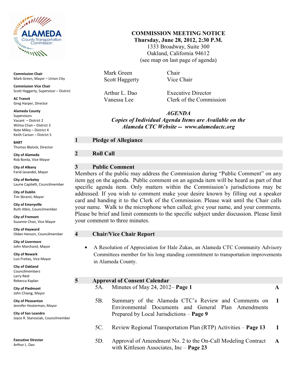 Alameda County Transportation Commission Meeting Agenda, June 28, 2012 Page 2 of 4