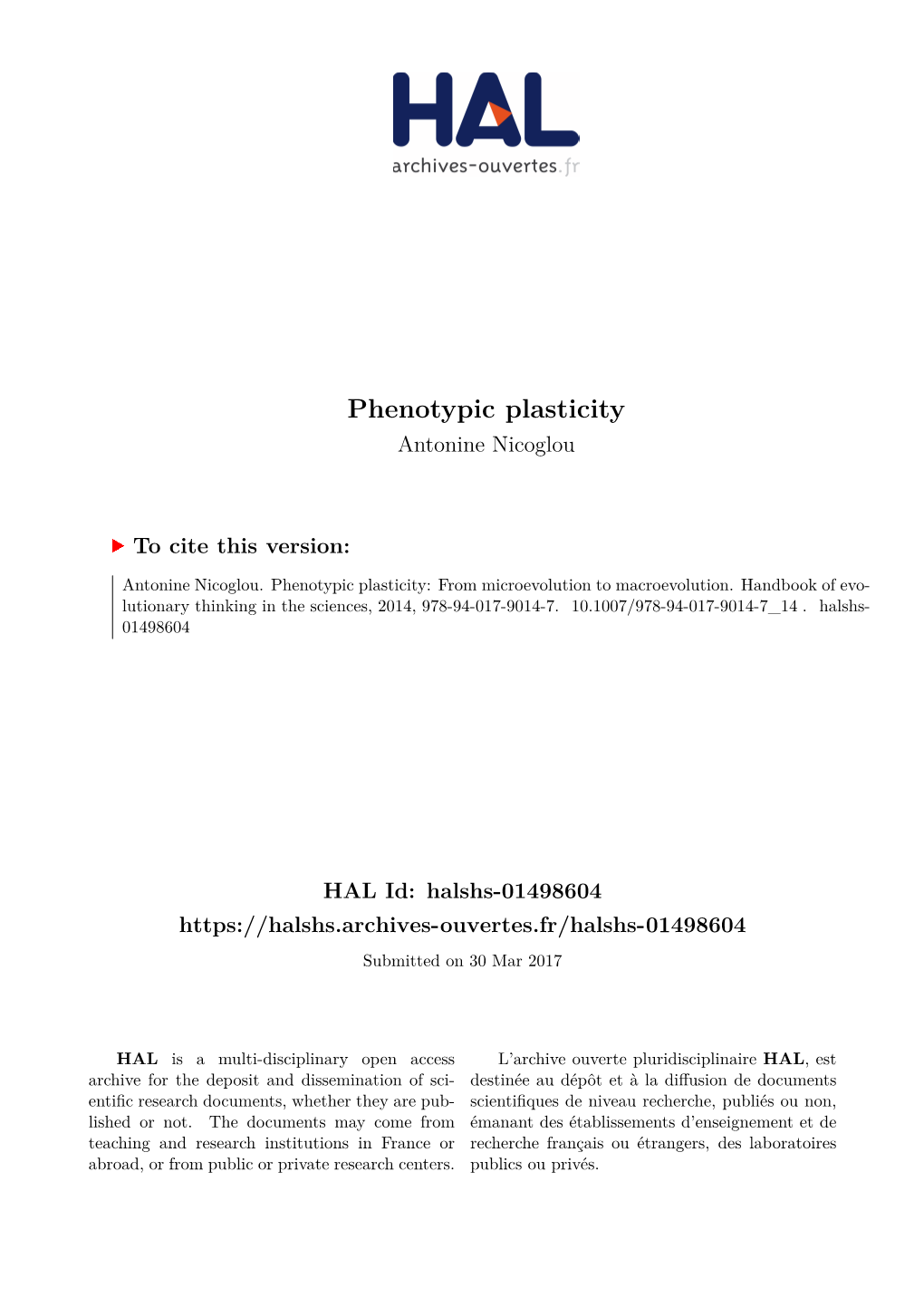 Phenotypic Plasticity Antonine Nicoglou