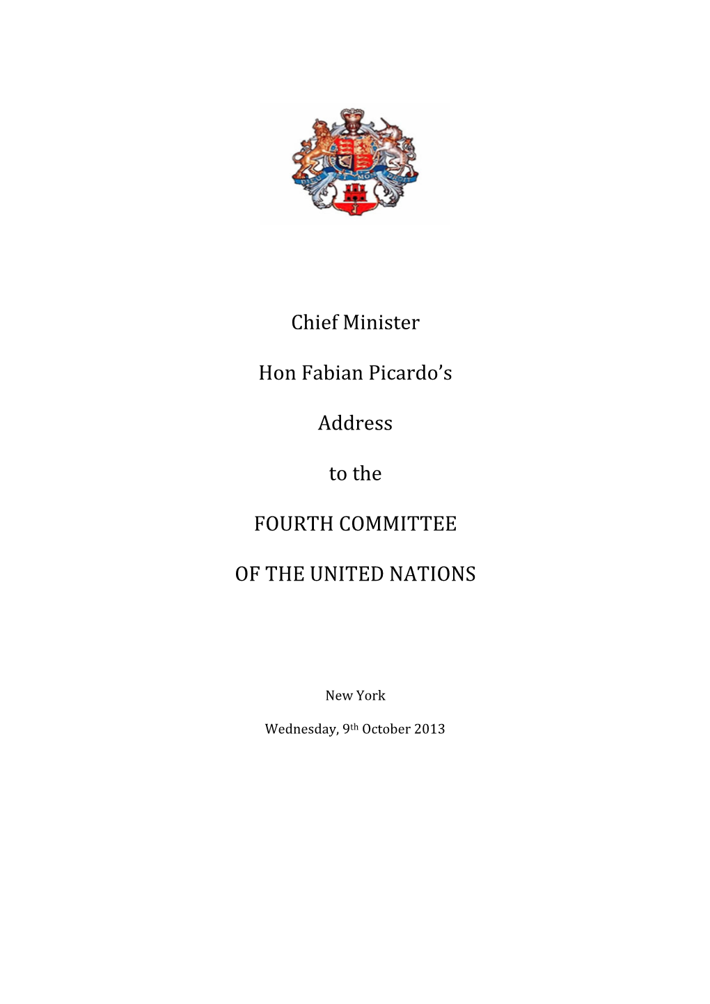 Chief Minister Hon Fabian Picardo's Address to the FOURTH COMMITTEE of the UNITED NATIONS
