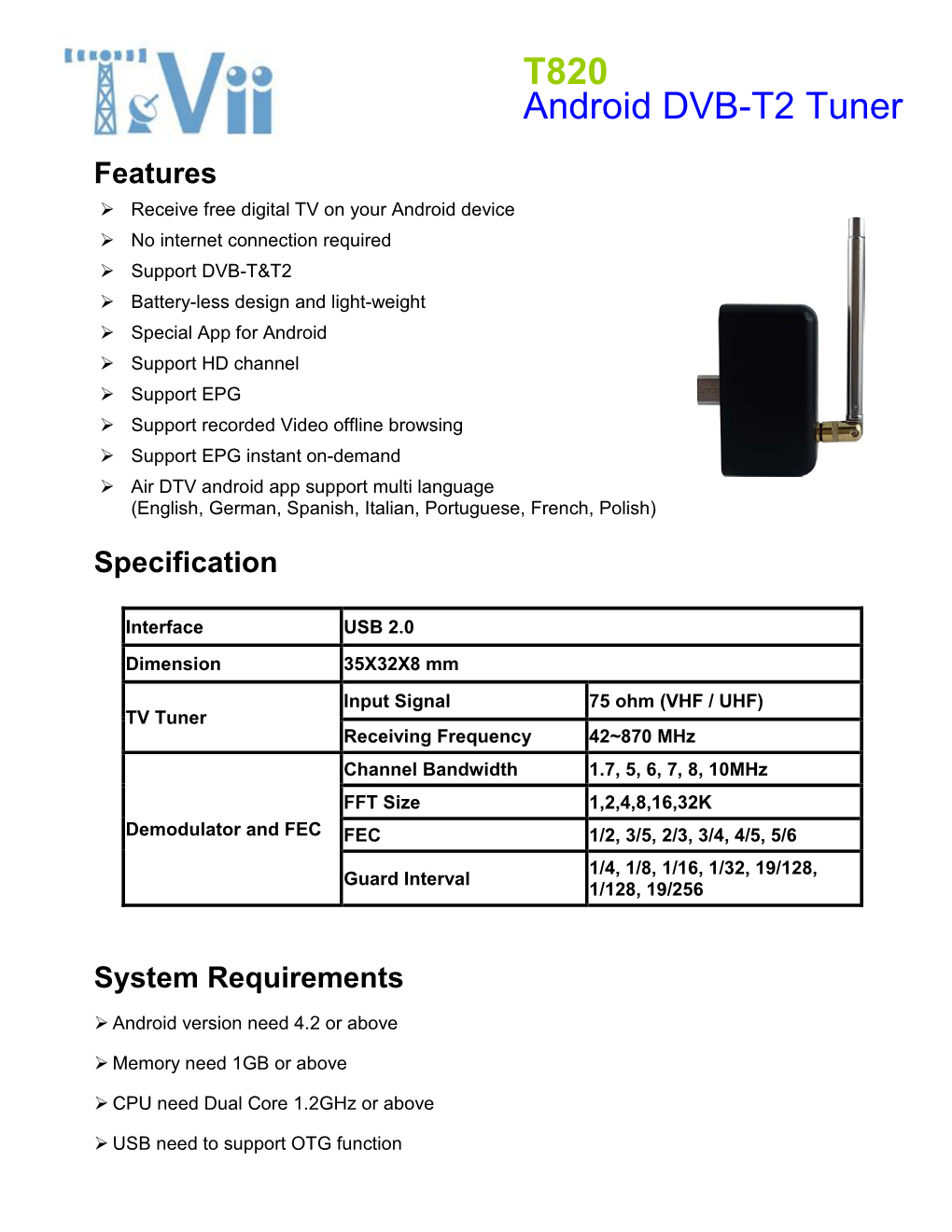 T820 Android DVB-T2 Tuner