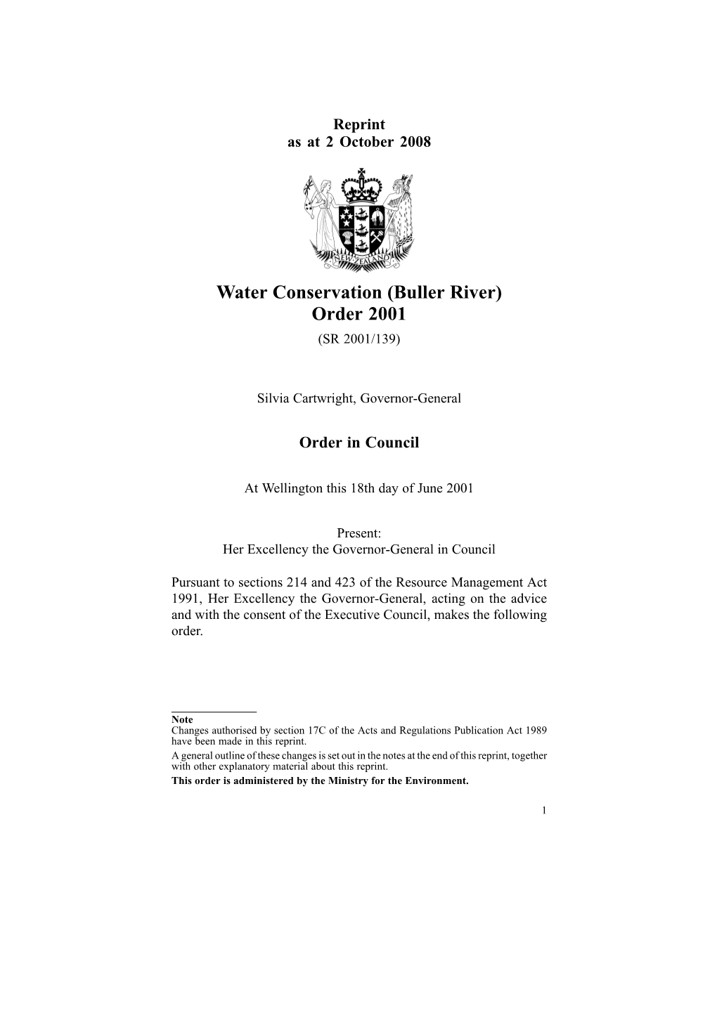 Water Conservation (Buller River) Order 2001 (SR 2001/139)