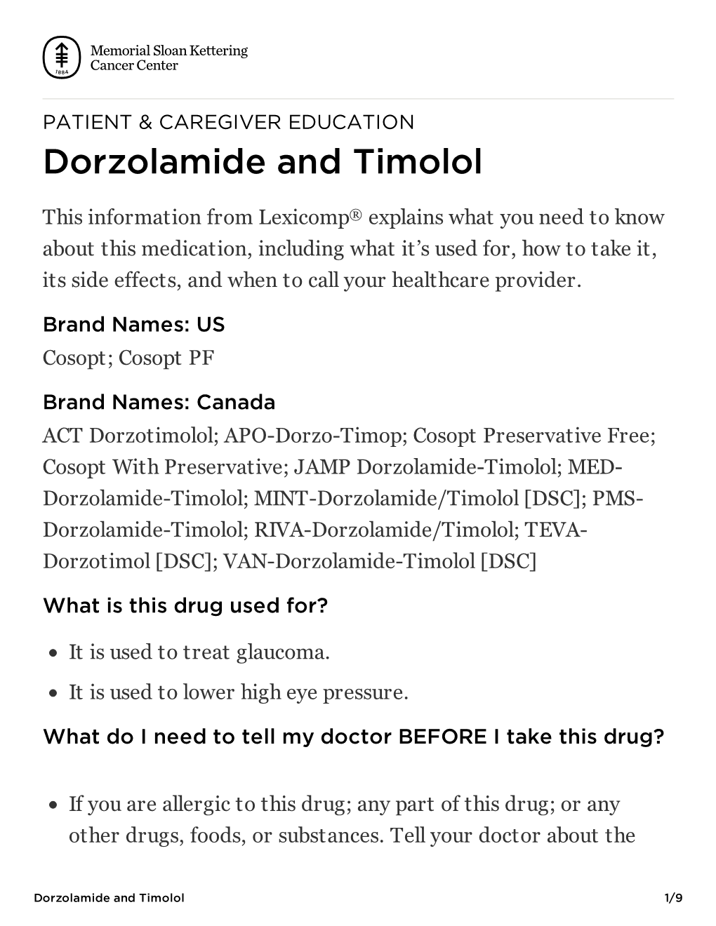 Dorzolamide and Timolol | Memorial Sloan Kettering Cancer Center
