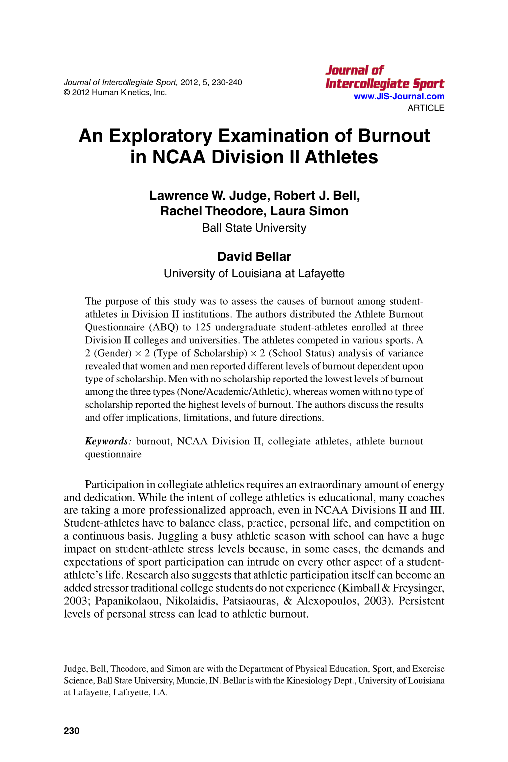 An Exploratory Examination of Burnout in NCAA Division II Athletes