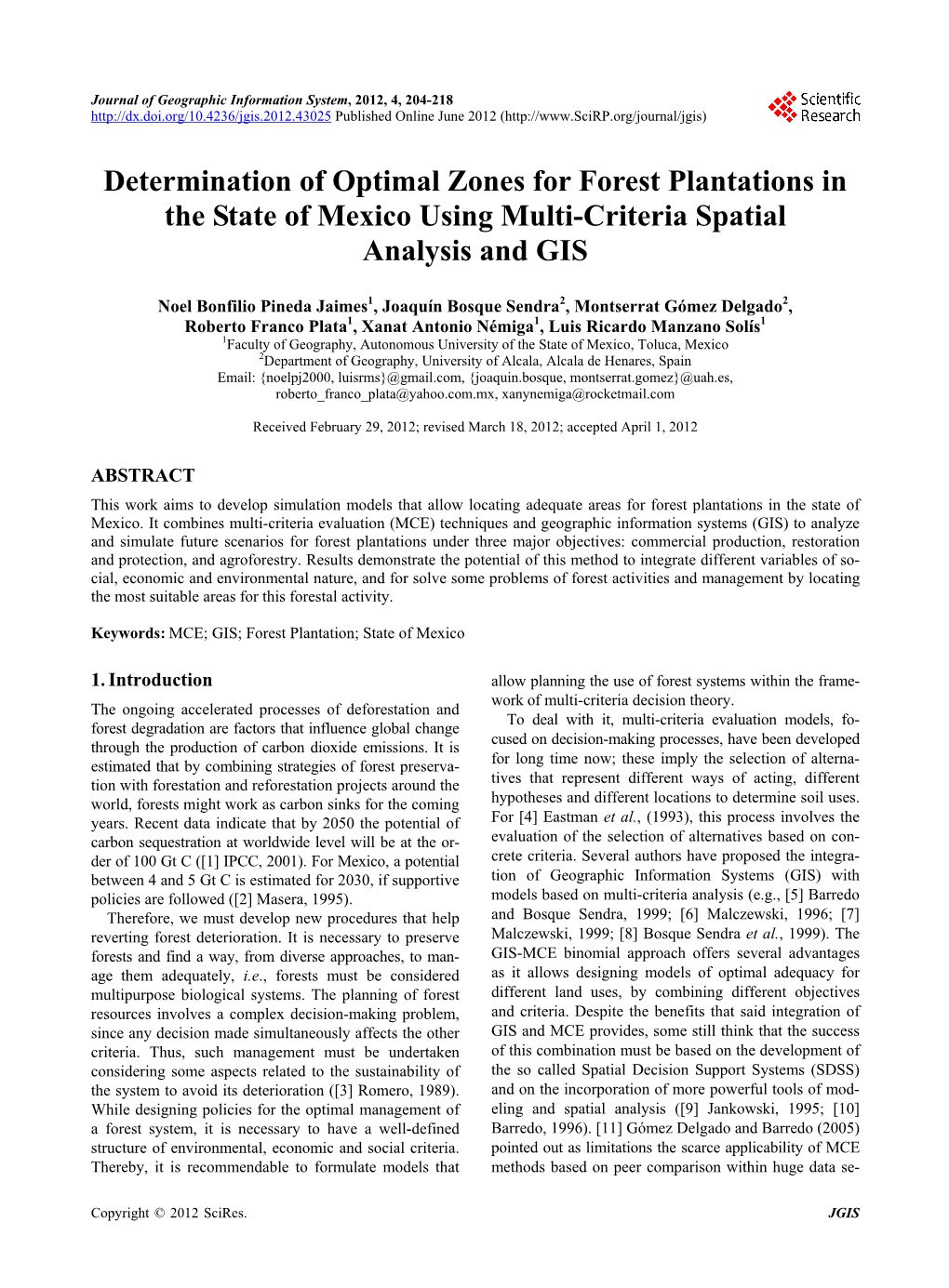 Determination of Optimal Zones for Forest Plantations in the State of Mexico Using Multi-Criteria Spatial Analysis and GIS