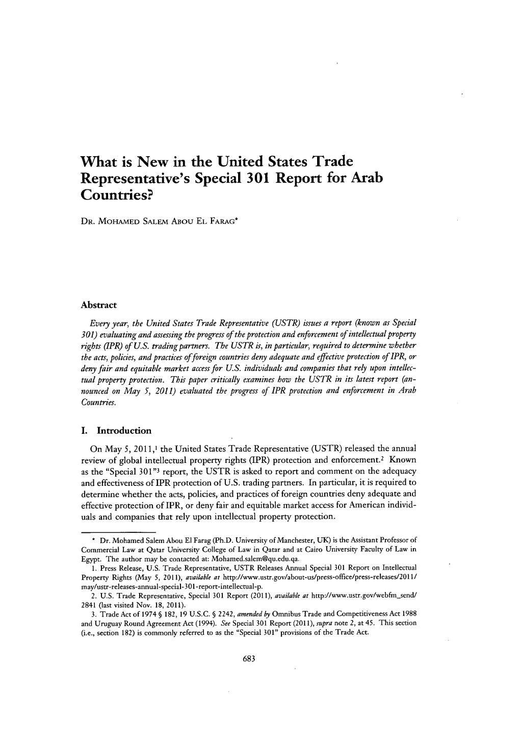 What Is New in the United States Trade Representative's Special 301 Report for Arab Countries?