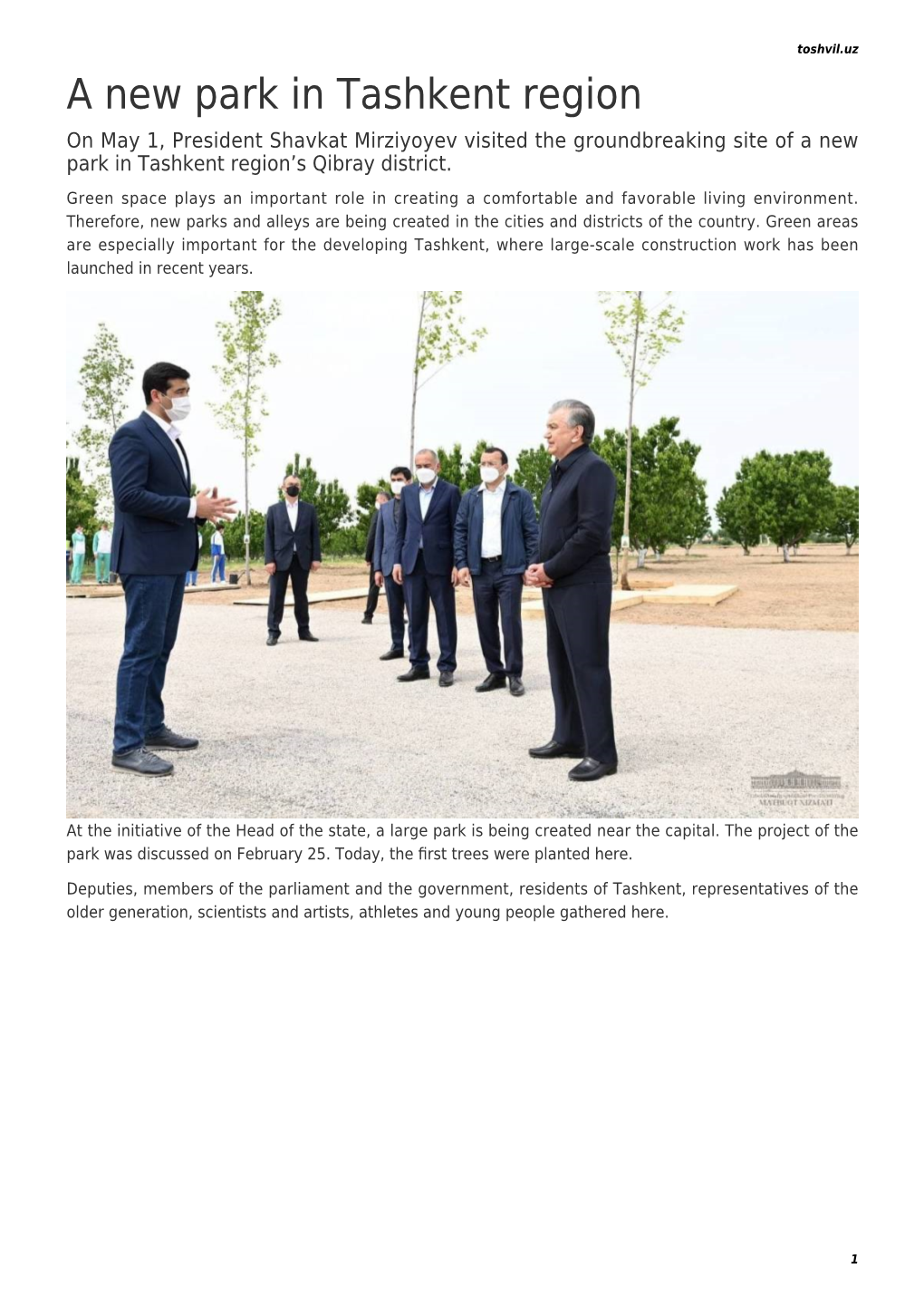 A New Park in Tashkent Region on May 1, President Shavkat Mirziyoyev Visited the Groundbreaking Site of a New Park in Tashkent Region’S Qibray District