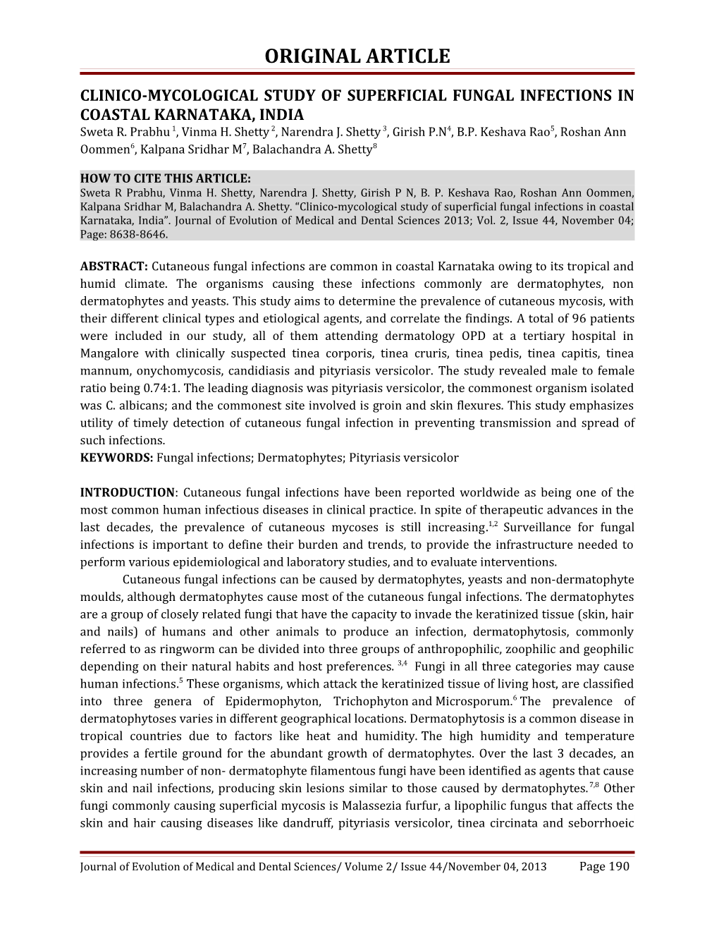 Clinico-Mycological Study of Superficial Fungal Infections in Coastal Karnataka, India