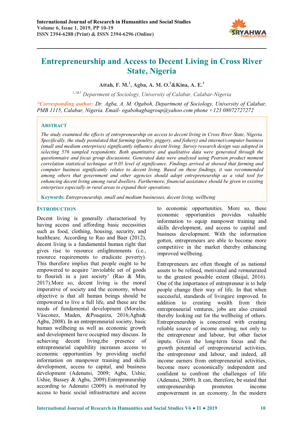 Entrepreneurship and Access to Decent Living in Cross River State, Nigeria