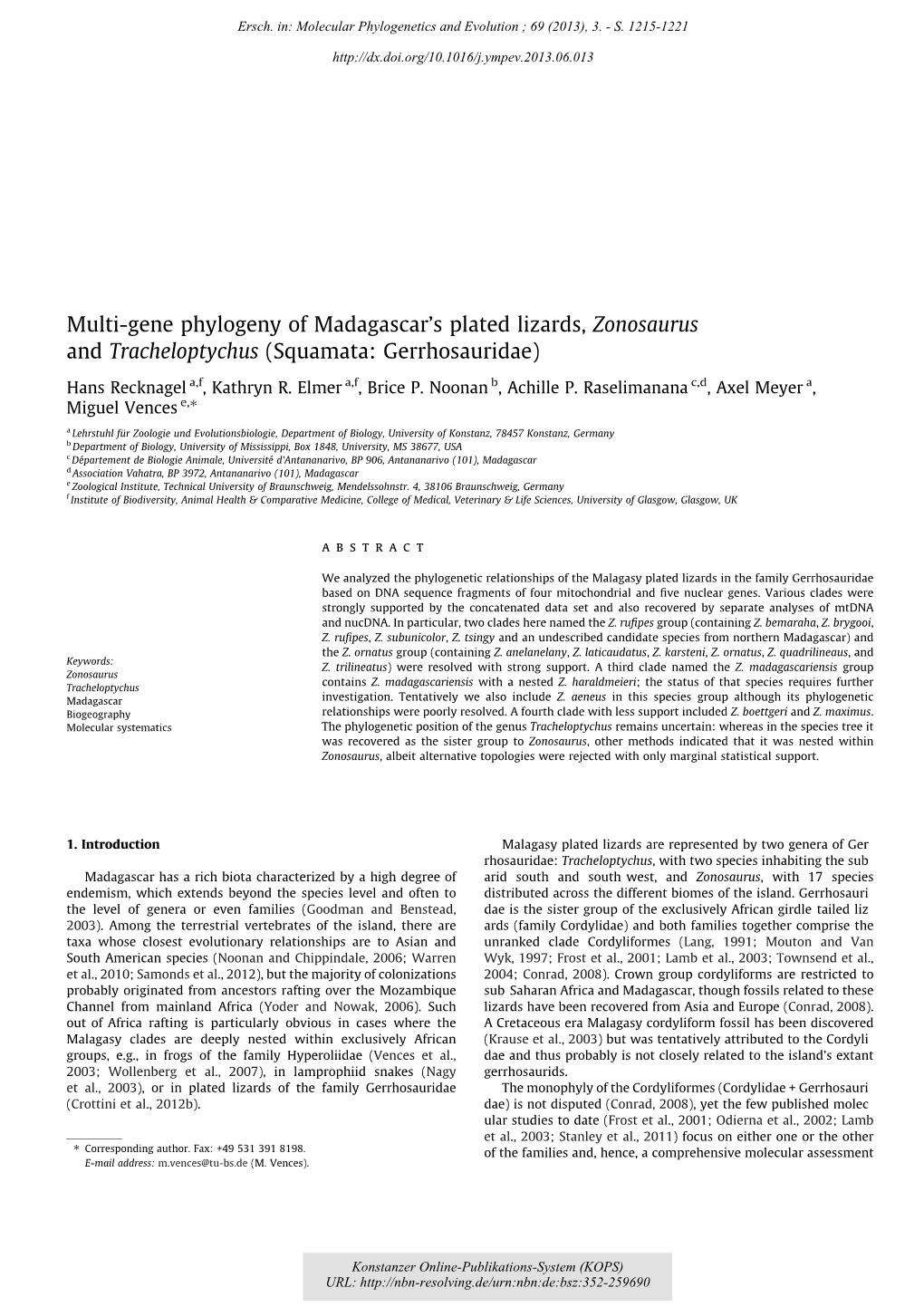 Multi-Gene Phylogeny of Madagascar's Plated Lizards