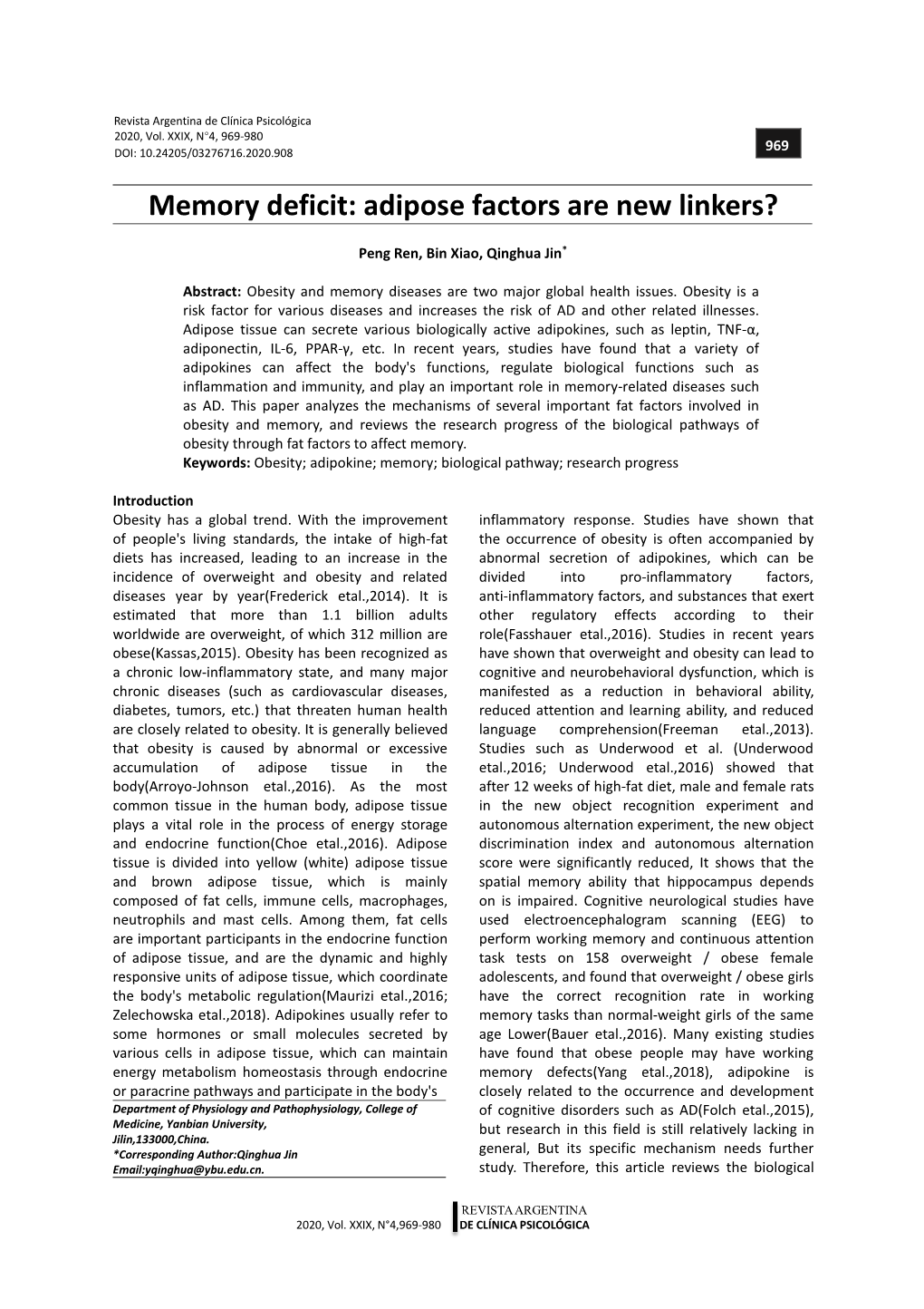 Memory Deficit: Adipose Factors Are New Linkers?