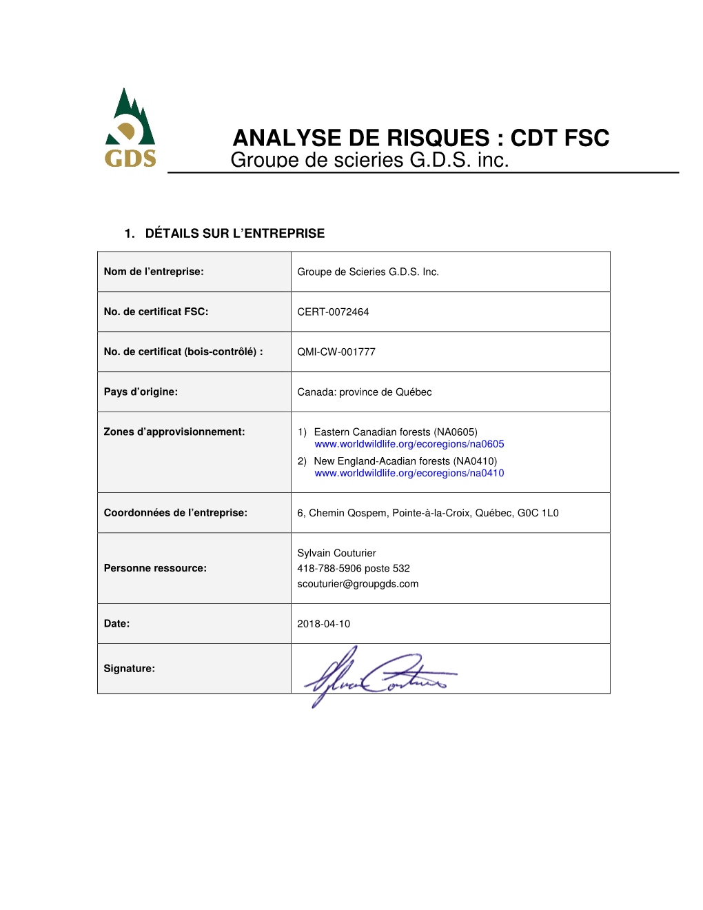ANALYSE DE RISQUES : CDT FSC Groupe De Scieries G.D.S