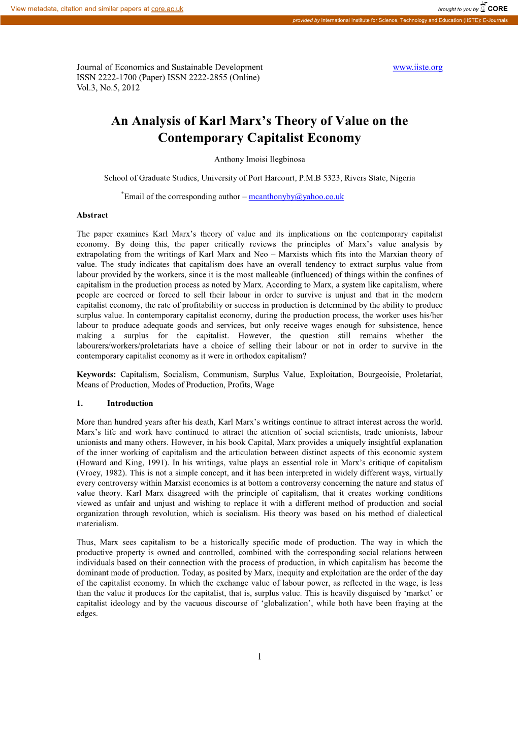 An Analysis of Karl Marx's Theory of Value on the Contemporary