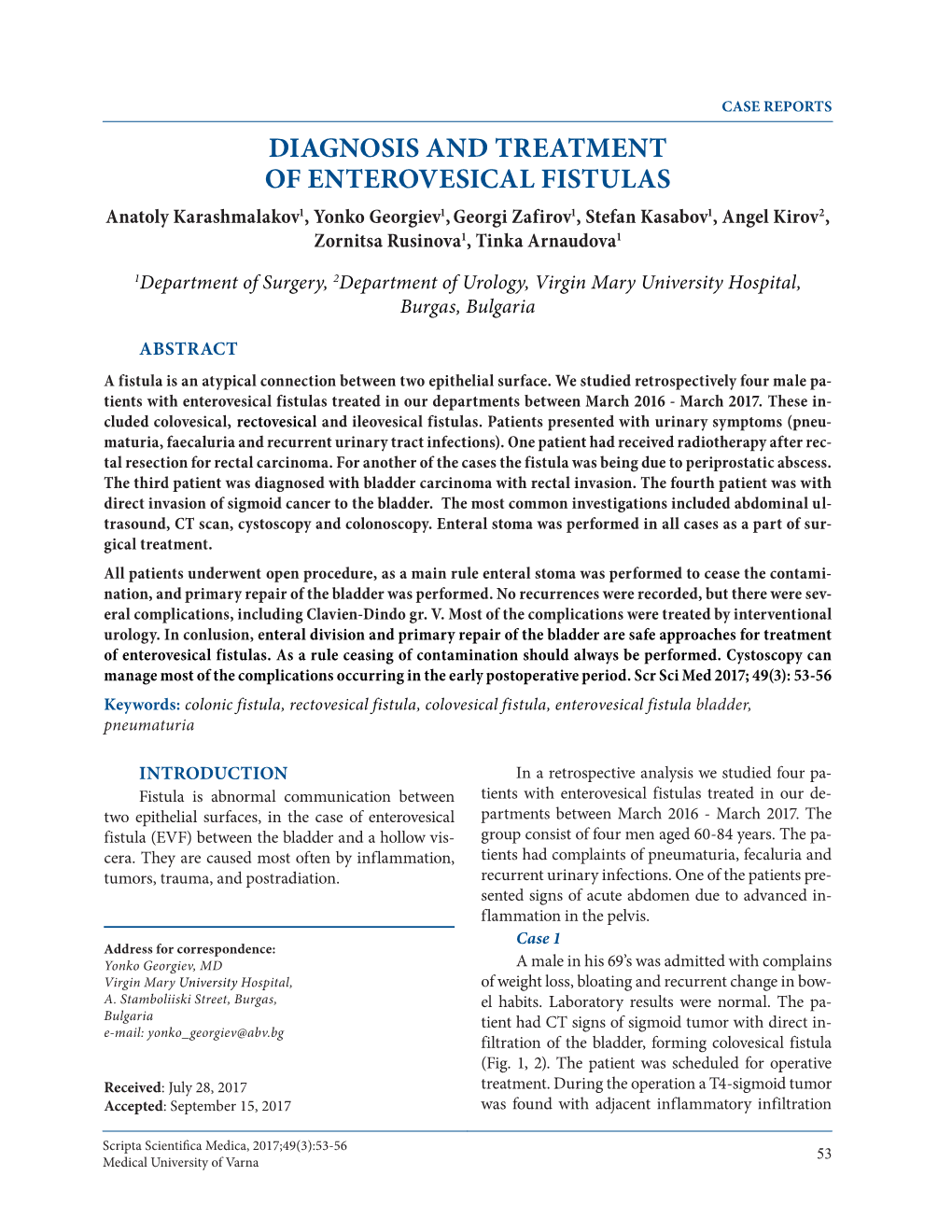 Diagnosis and Treatment of Enterovesical Fistulas