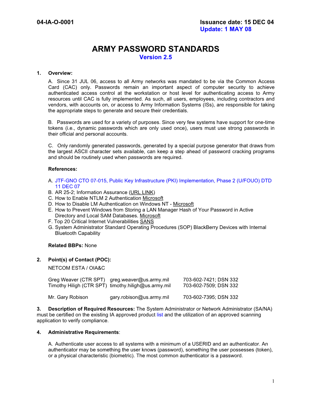 ARMY PASSWORD STANDARDS Version 2.5