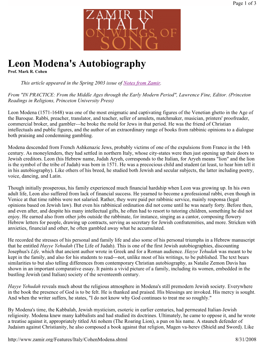 Leon Modena's Autobiography Prof