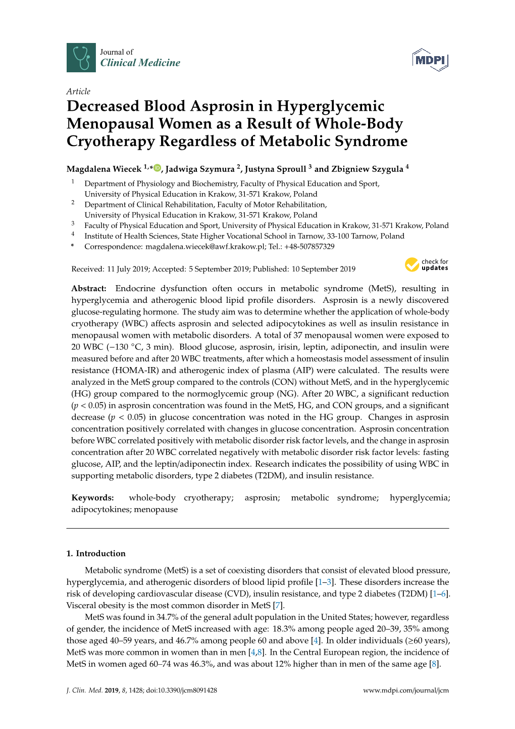 Decreased Blood Asprosin in Hyperglycemic Menopausal Women As a Result of Whole-Body Cryotherapy Regardless of Metabolic Syndrome