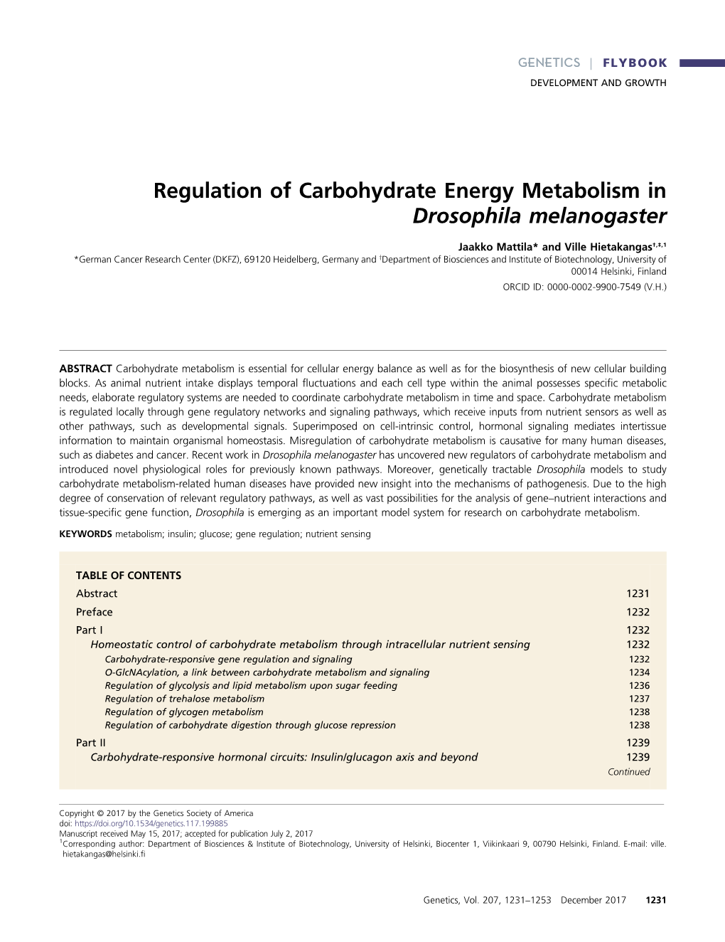 Regulation of Carbohydrate Energy Metabolism in Drosophila Melanogaster