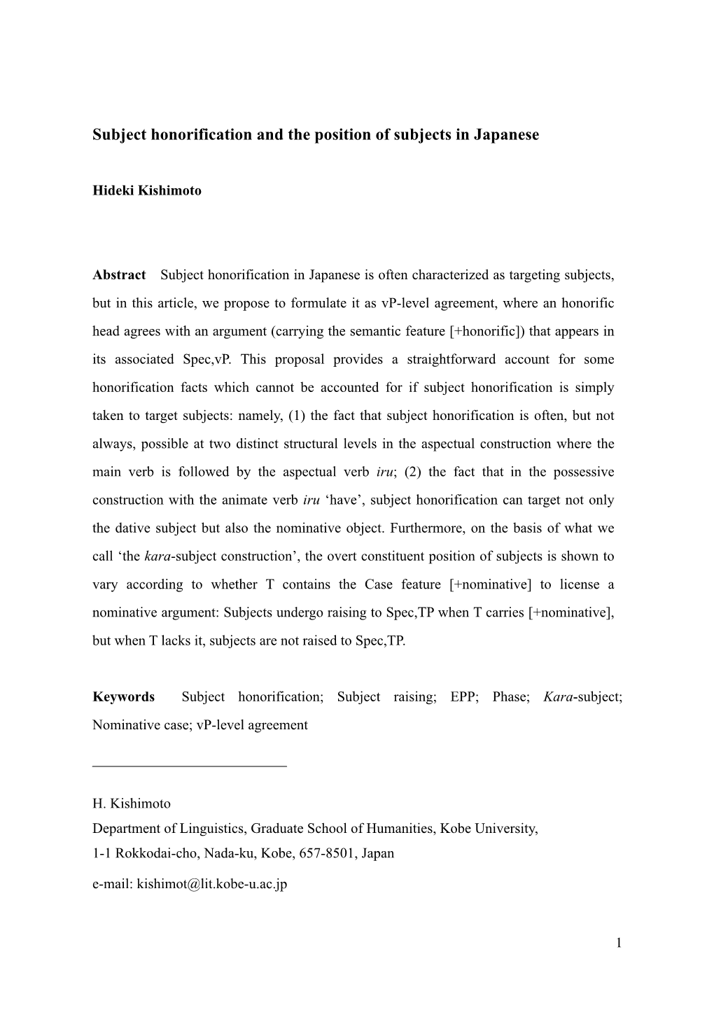 Subject Honorific and Subject Positions in Japanese (Final)