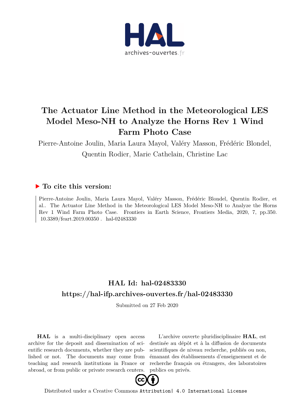 The Actuator Line Method in the Meteorological LES Model Meso-NH to Analyze the Horns Rev 1 Wind Farm Photo Case