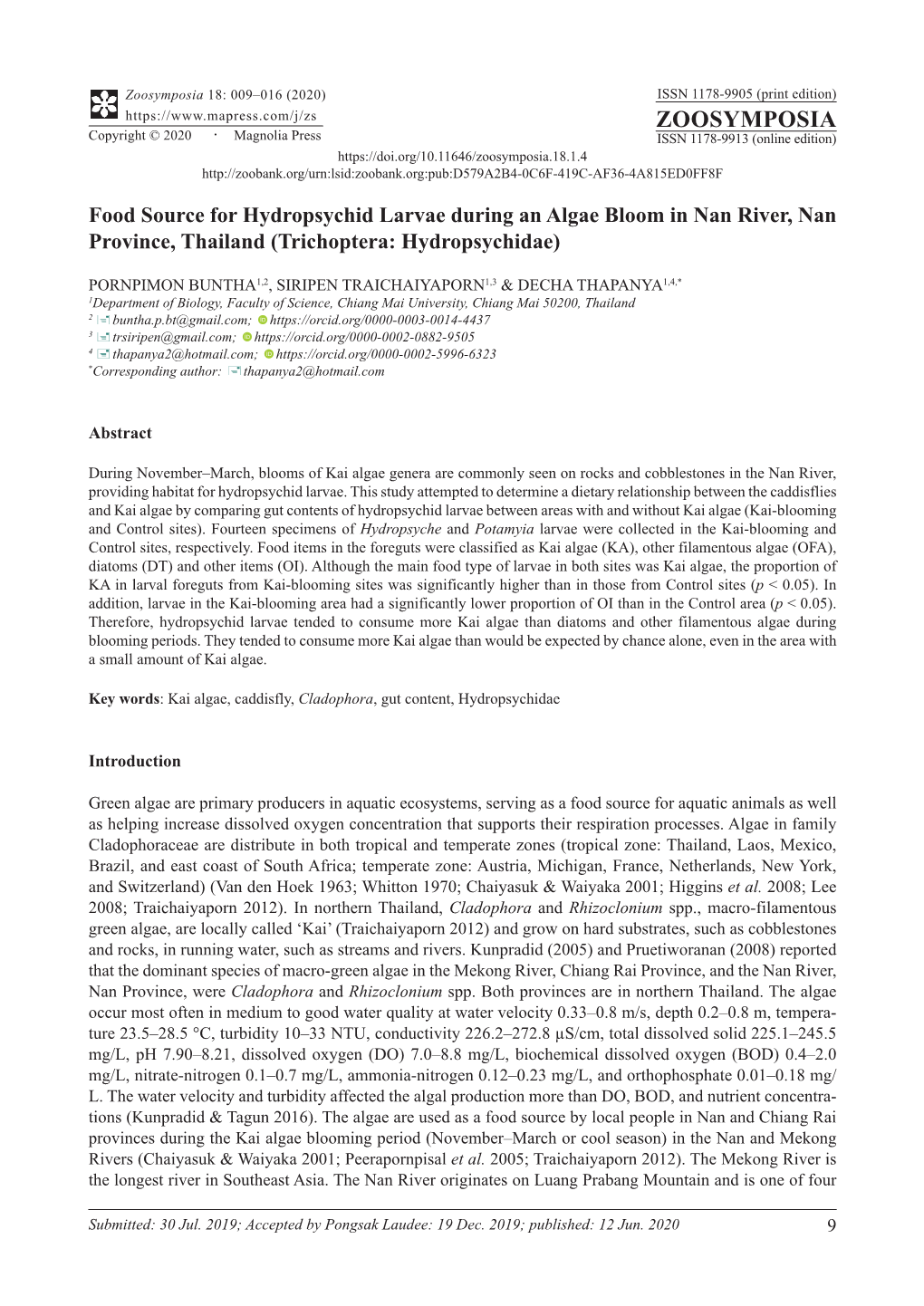 Food Source for Hydropsychid Larvae During an Algae Bloom in Nan River, Nan Province, Thailand (Trichoptera: Hydropsychidae)