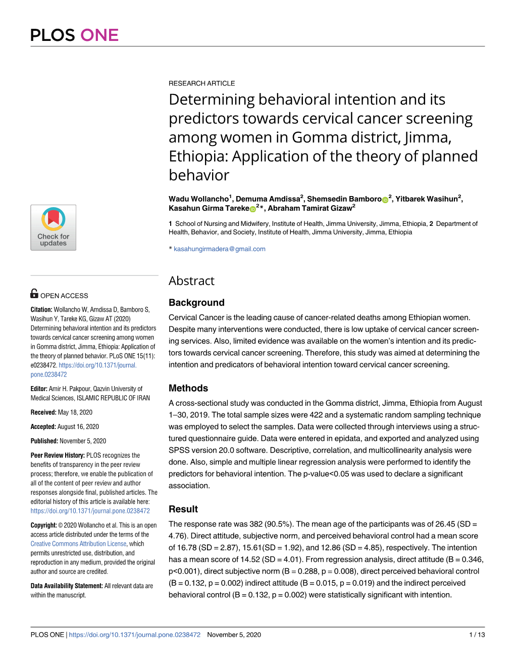 Determining Behavioral Intention and Its Predictors Towards Cervical