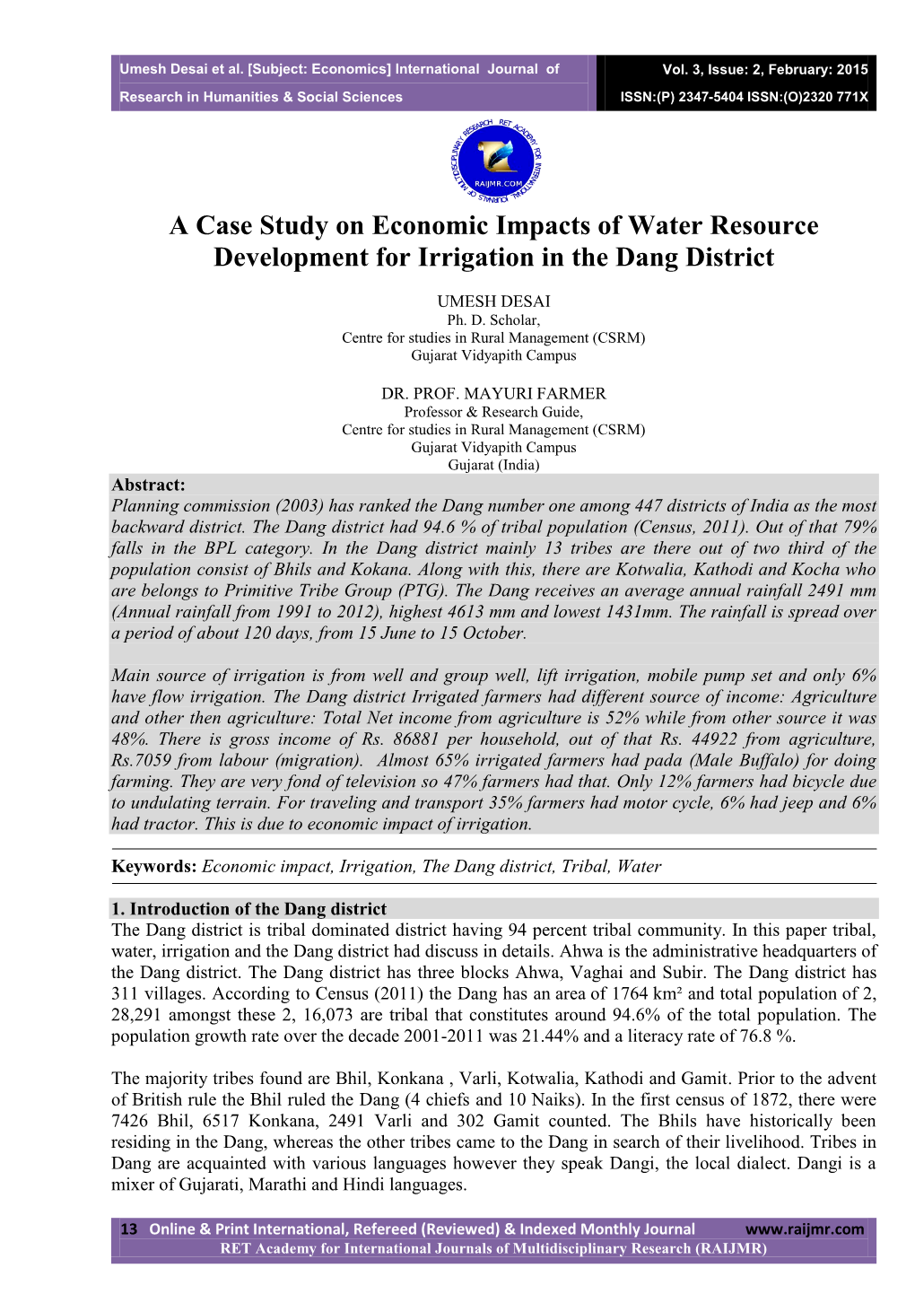 A Case Study on Economic Impacts of Water Resource Development for Irrigation in the Dang District