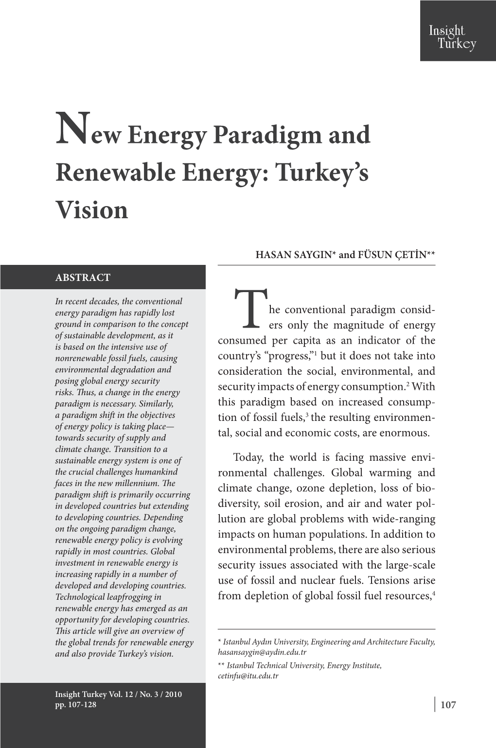 New Energy Paradigm and Renewable Energy: Turkey’S Vision