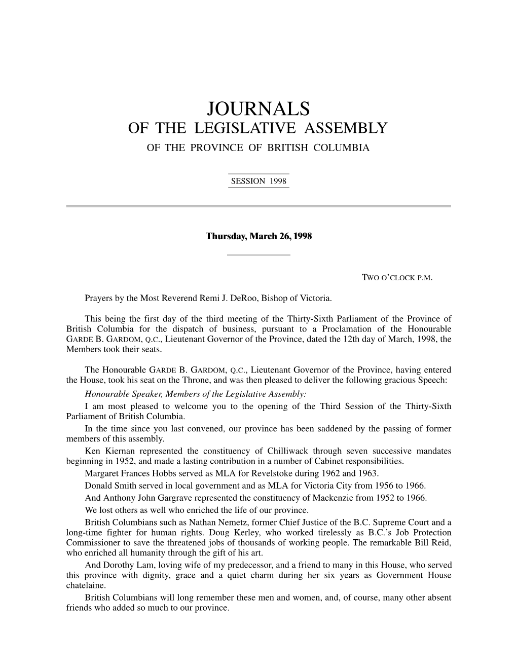 Journals of the Legislative Assembly of the Province of British Columbia